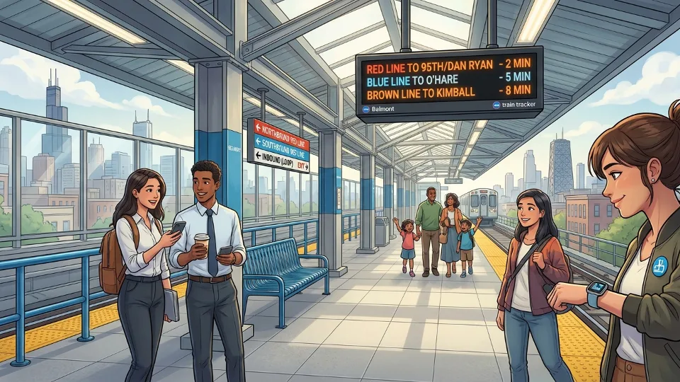 CTA station platform with digital arrival board and directional signage