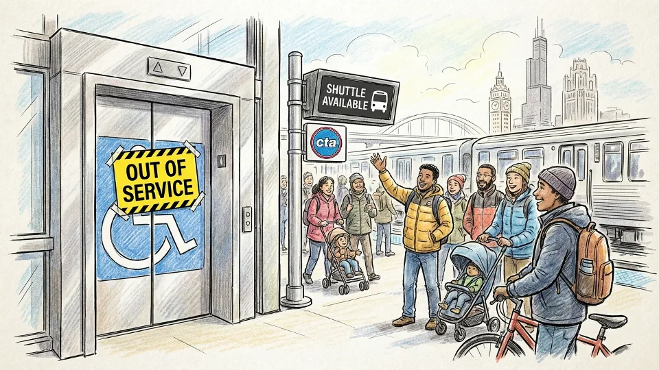 CTA station elevator with out of service sign and accessibility symbol