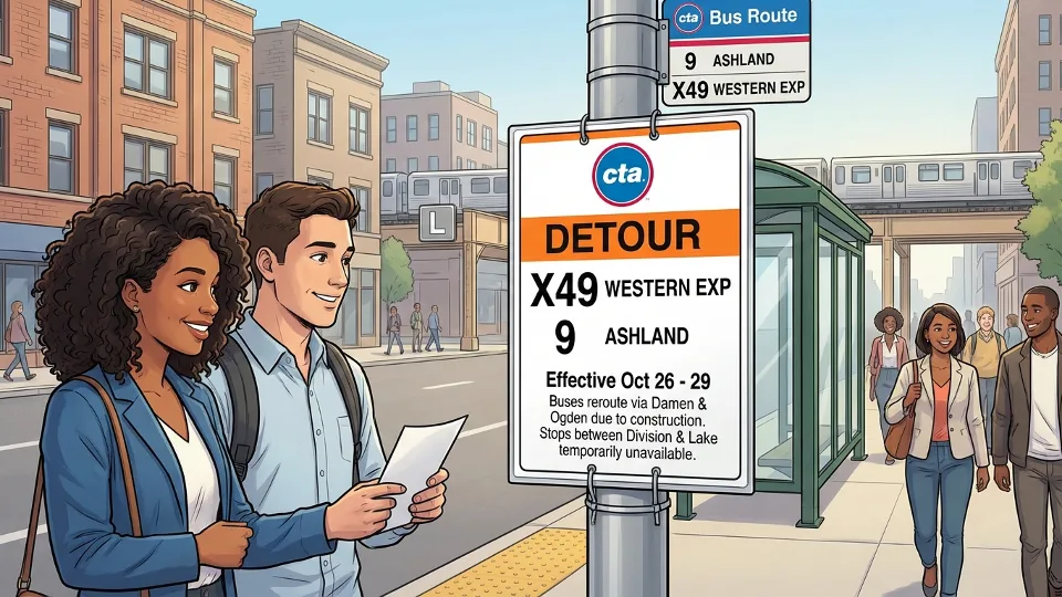 CTA bus route detour sign at Chicago bus stop with route information display