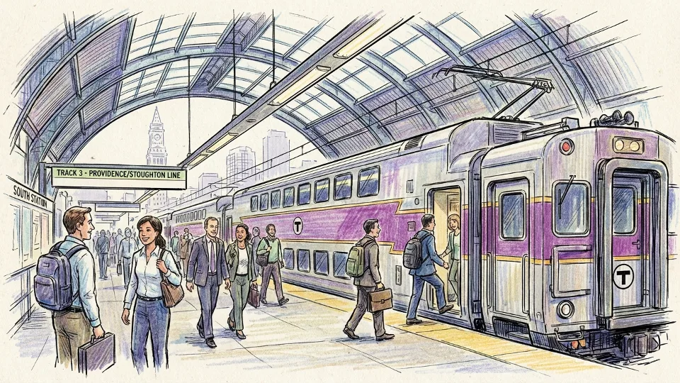 MBTA commuter rail train at South Station platform with passengers boarding