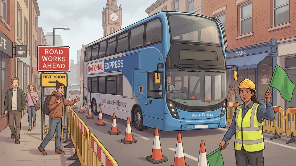 West Midlands bus navigating through urban street construction zone with traffic cones and road closure signs visible