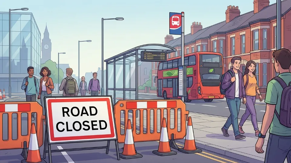 Road closed sign and traffic diversion barriers on urban street in West Midlands with bus stop in background