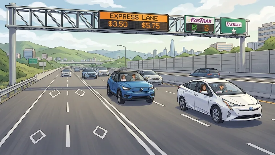 Highway express lanes with overhead electronic signage showing toll rates, multiple vehicles traveling in managed lanes
