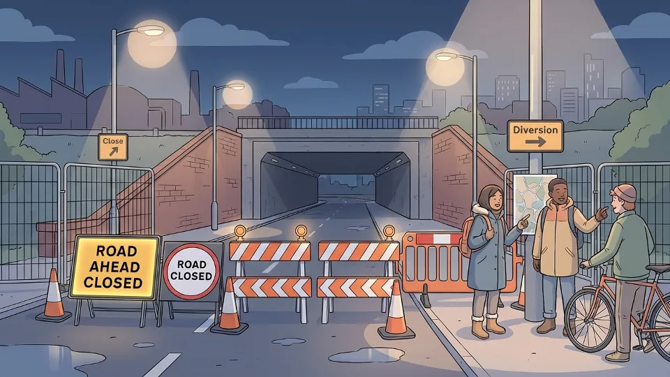 Road closure barriers and construction signage at urban underpass entrance at night