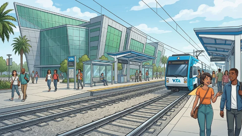 Levi's Stadium exterior with VTA light rail tracks and station in foreground