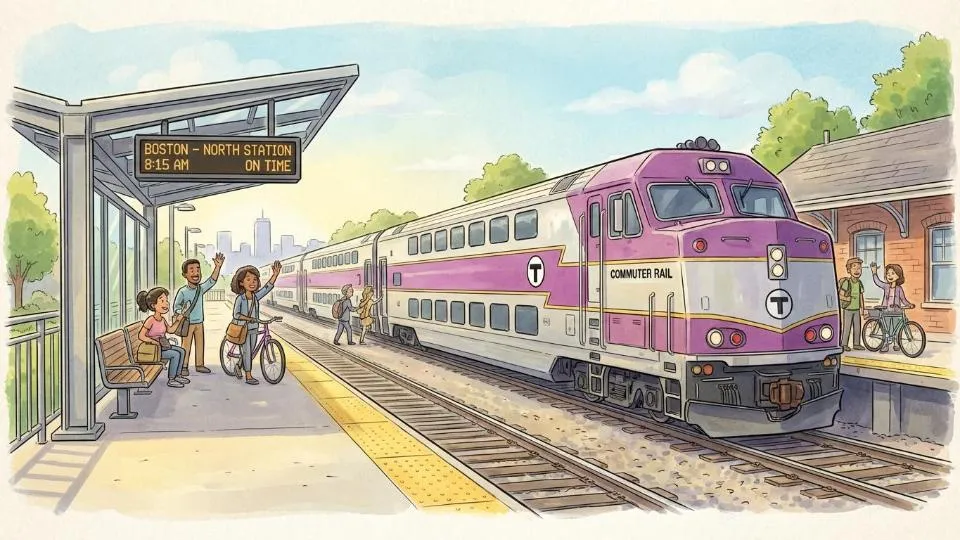 MBTA commuter rail train at suburban station platform with schedule board visible