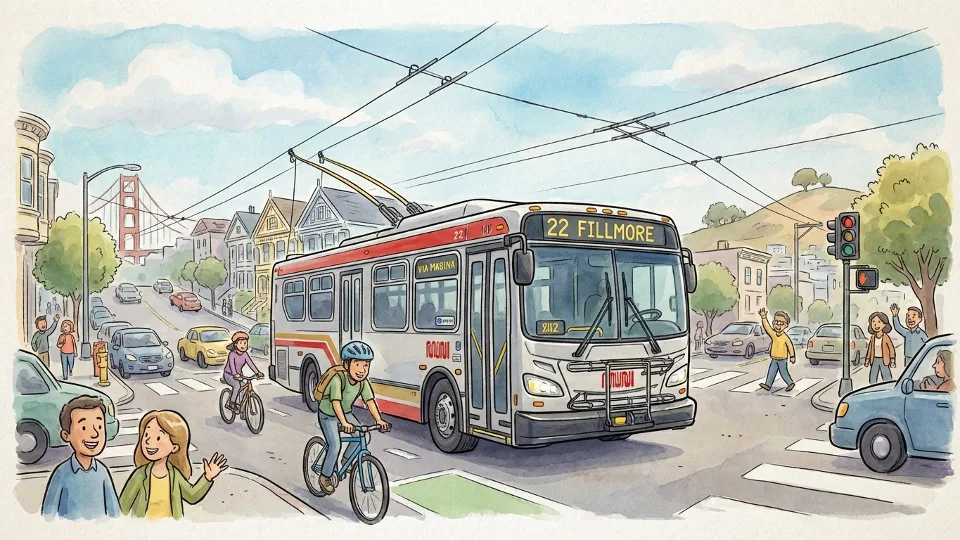 San Francisco Municipal Railway bus on city street with traffic in background