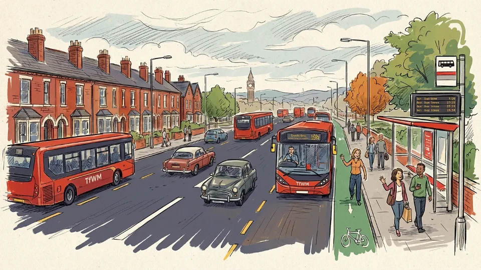 Urban arterial road in West Midlands with bus stop and residential buildings during daytime