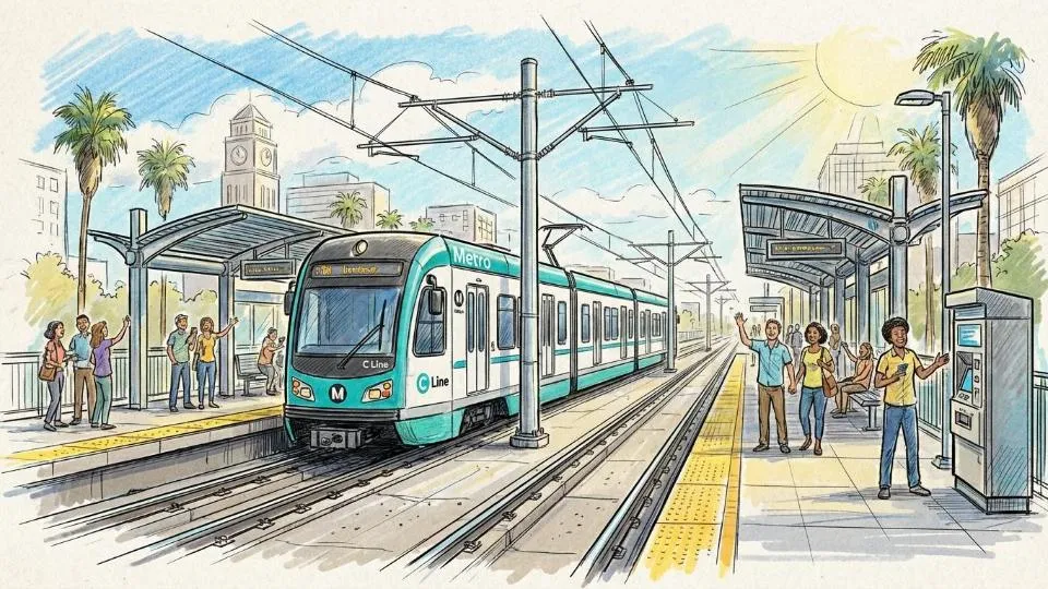 Metro C Line light rail train at station platform with overhead wire system visible above