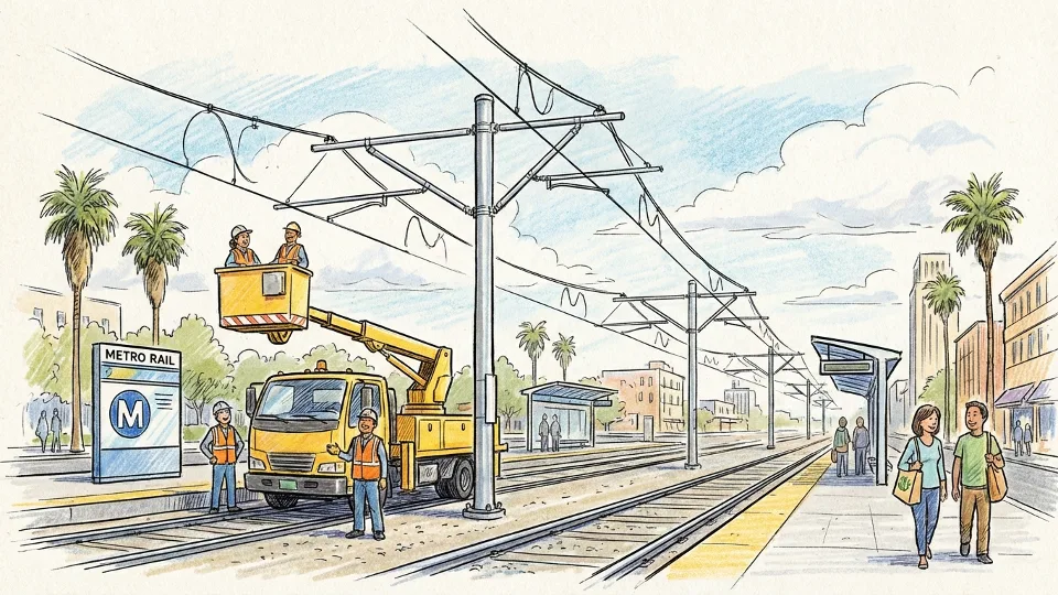 Overhead catenary wire system for light rail with maintenance equipment and power lines