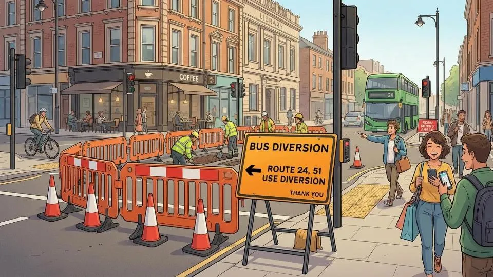 Bus route diversion sign at urban intersection with road construction barriers