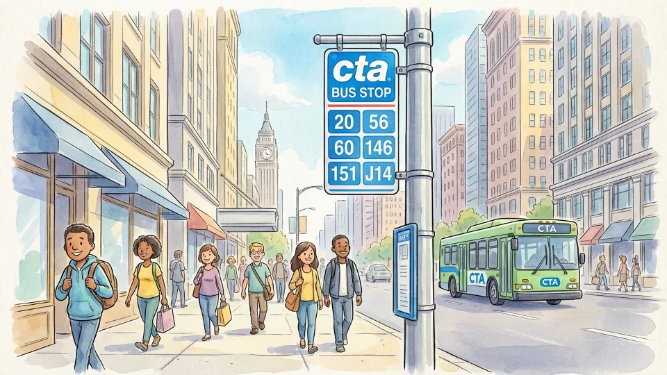 CTA bus stop sign showing multiple route numbers in Chicago's Loop district