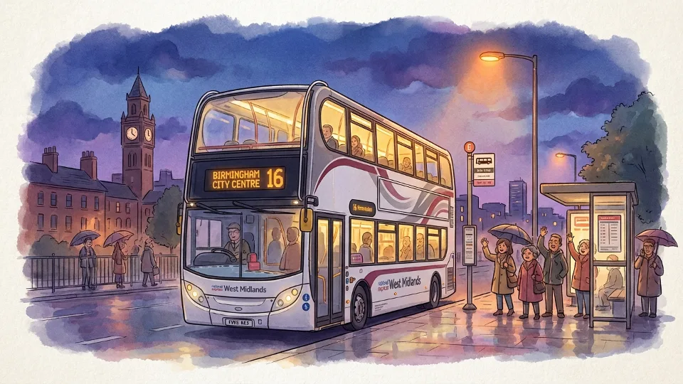 National Express West Midlands bus at night stop with route number display visible, showing typical evening service operations in Birmingham area