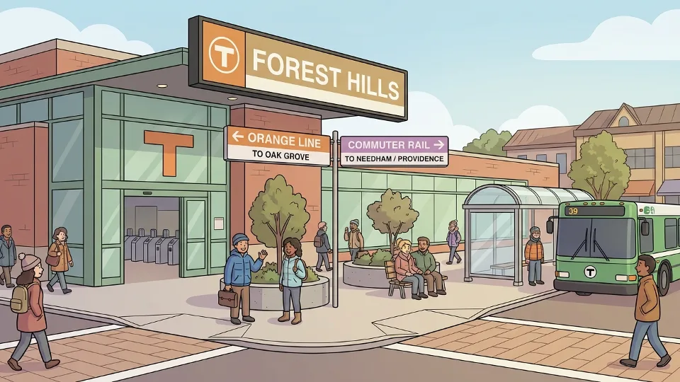 Forest Hills station entrance with MBTA commuter rail and Orange Line signage visible