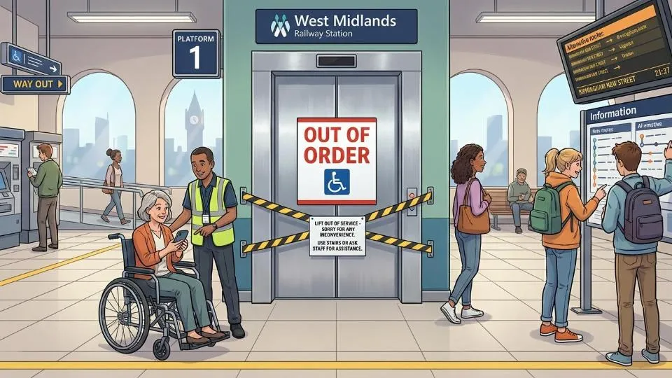 Out of order sign on railway station lift with accessibility symbols, showing closed elevator doors at transit station