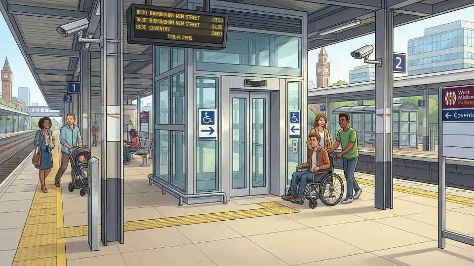 West Midlands railway station platform with lift entrance visible, showing accessibility signage and station infrastructure during daytime