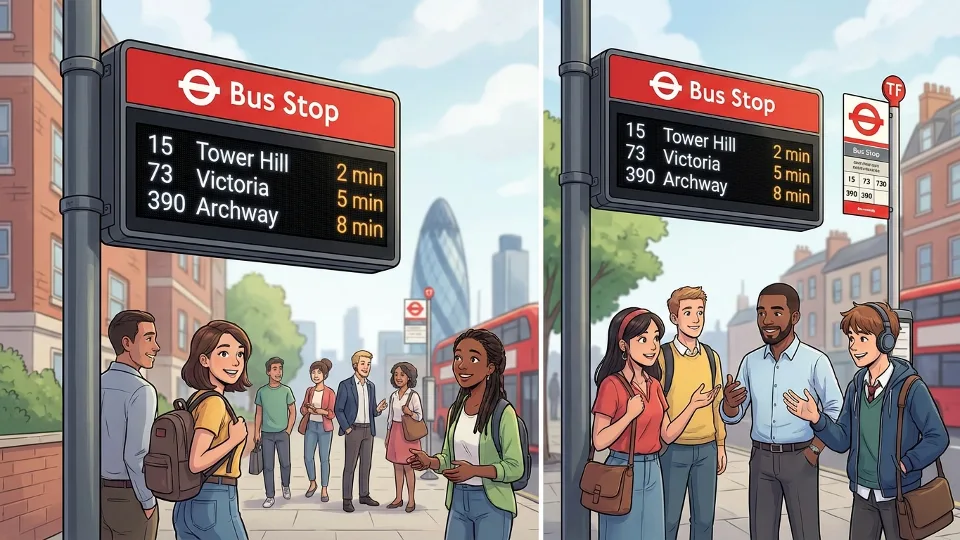 Transport for London bus stop display showing real-time service information