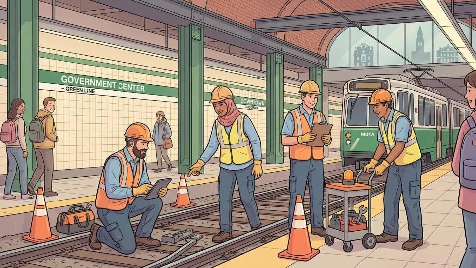 MBTA maintenance crew inspecting Green Line tracks and platform at downtown station