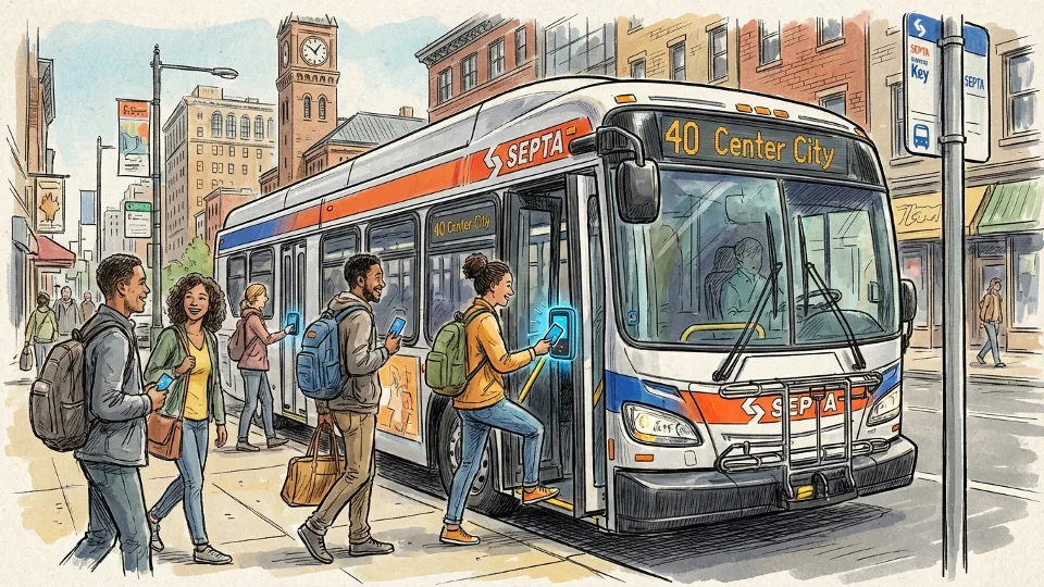 Philadelphia SEPTA bus at downtown stop with passengers boarding. Exterior daytime view showing Key card readers at bus entrance. Alt text: SEPTA bus in Philadelphia with passengers using Key cards to board. Composition: Side angle showing bus doors open with fare reader visible and riders entering with Key cards.