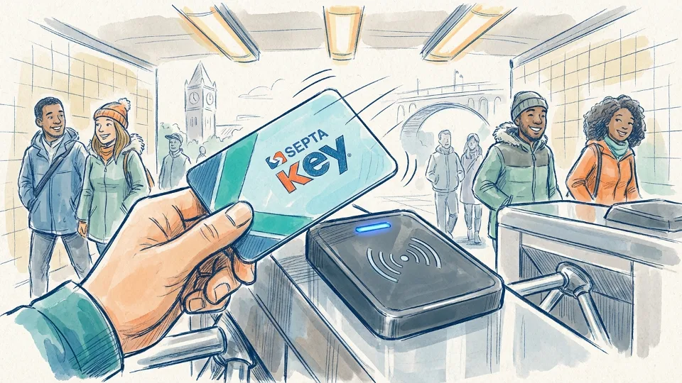 SEPTA Key card being tapped at fare gate in Philadelphia subway station. Close-up view showing the card reader and Key card in use. Alt text: SEPTA Key card at fare gate in Philadelphia transit station. Composition: Focus on the card reader with Key card mid-tap, showing the contactless payment process at station entrance.