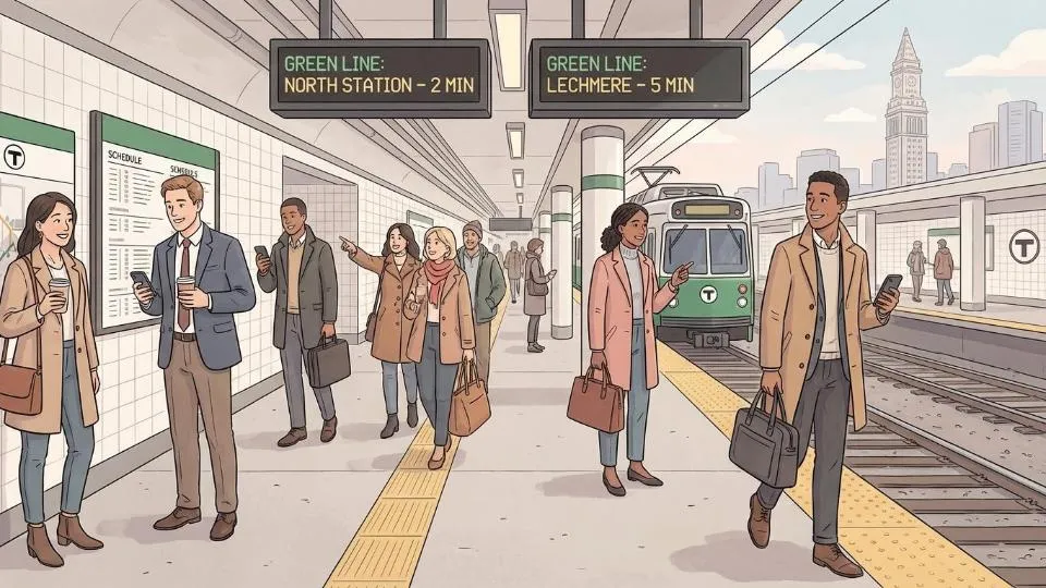 Commuters checking schedules on platform at busy Boston transit station