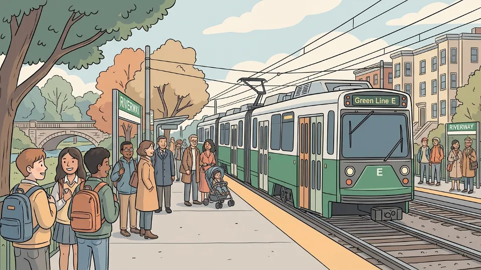 MBTA Green Line E Branch train at Riverway station platform with passengers waiting