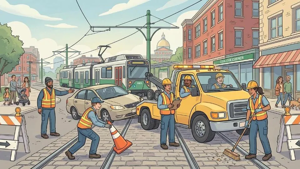 Vehicle obstruction being cleared from MBTA Green Line tracks with transit workers and equipment visible