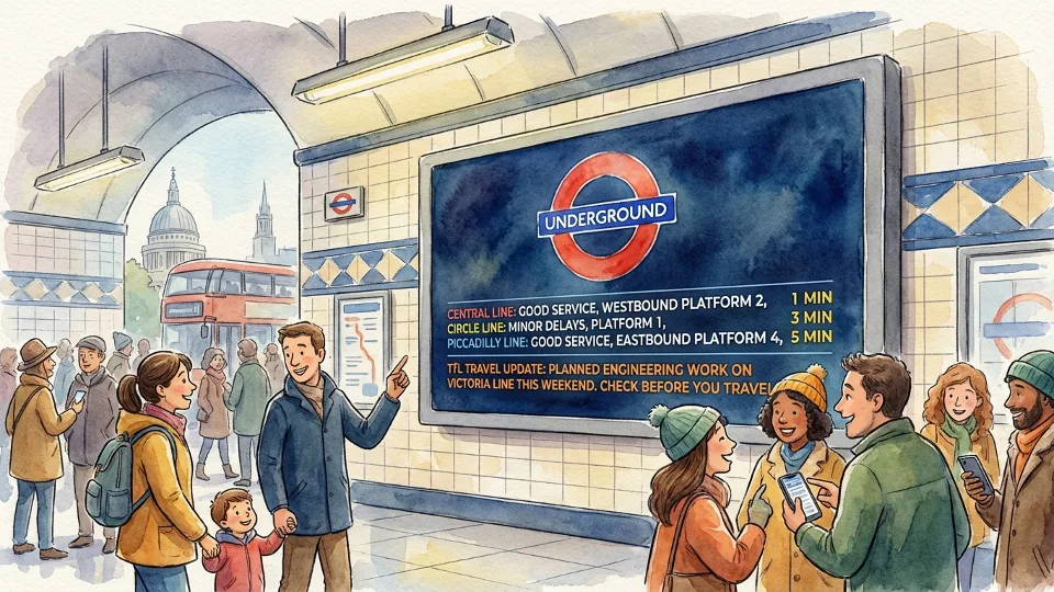 TfL customer service information display at London transit station showing passenger information