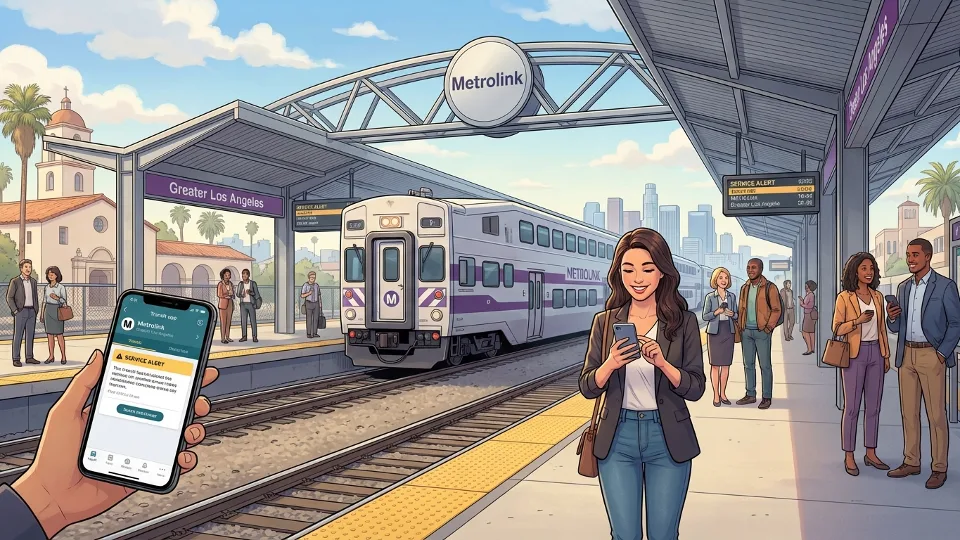 Metrolink passenger checking mobile phone for transit alerts at train station