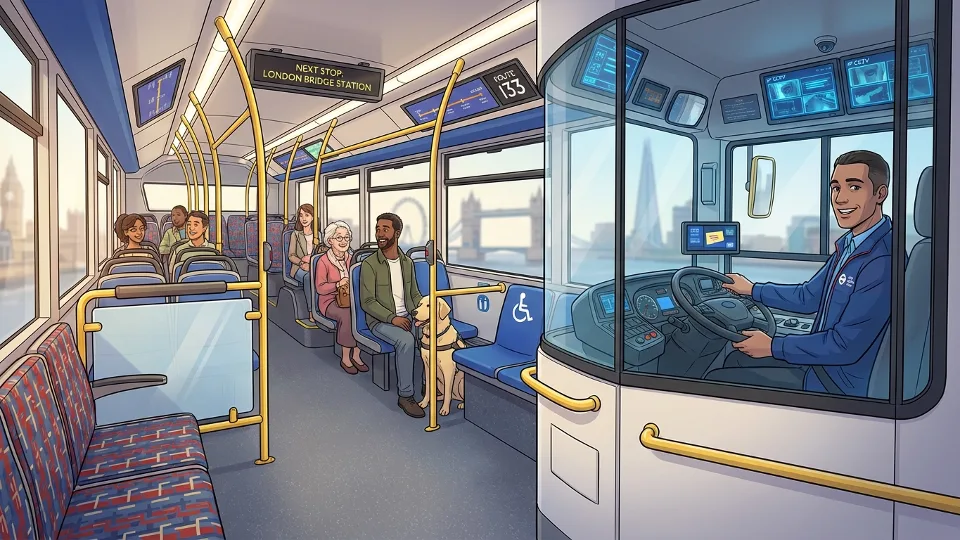 Interior view of London bus showing driver compartment and passenger seating area