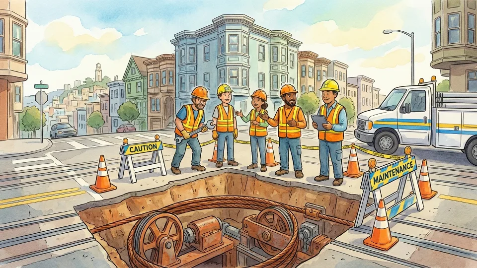 Cable car maintenance crew working on underground cable system at San Francisco street intersection