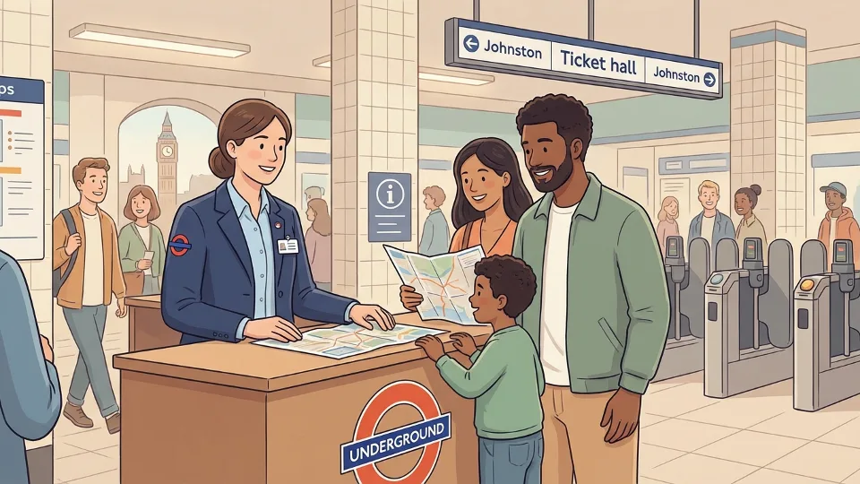 TfL customer service staff member at information desk inside London Underground station