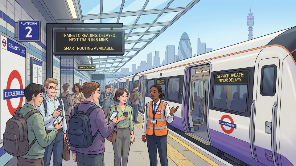 Transport for London train at platform with passengers waiting during service disruption
