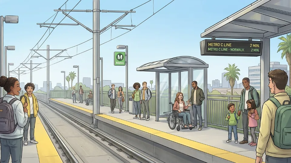 Metro C Line station platform with passengers waiting and overhead electrical infrastructure