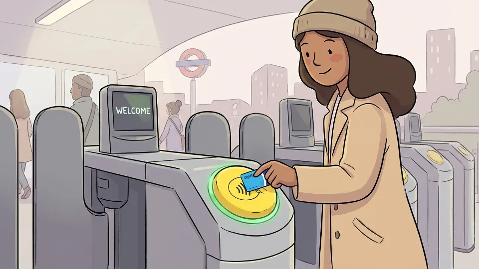 Close-up of TfL Oyster card reader at fare gate with contactless payment symbol