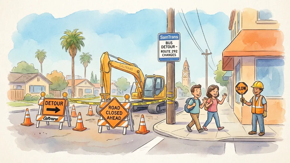 Caltrans construction zone with road closure signs and detour markers on Burlingame street. Alt text: Caltrans construction Burlingame road work SamTrans bus detour. Composition: Street-level view showing construction equipment and detour signage that necessitates bus reroutes.