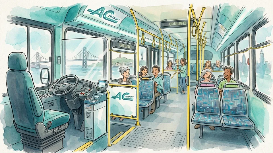 Interior view of AC Transit bus showing operator position and passenger seating area