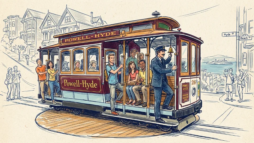 Powell-Hyde cable car at turnaround point with passengers boarding
