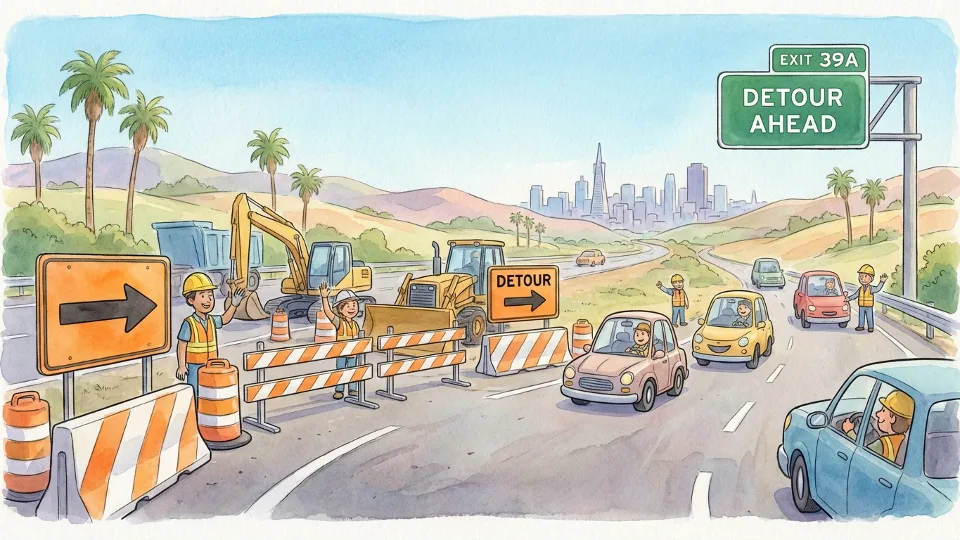 Highway off-ramp with closure barriers and detour signs directing traffic, construction equipment visible in background