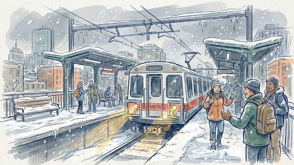 Boston MBTA subway train at snow-covered station platform with winter weather conditions visible