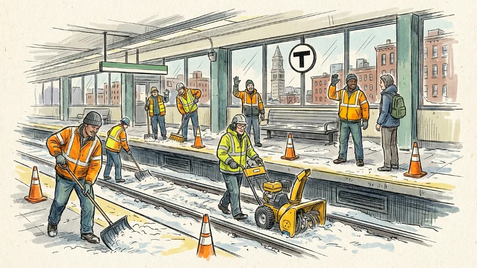 MBTA maintenance crew clearing snow from subway tracks and platform with equipment visible