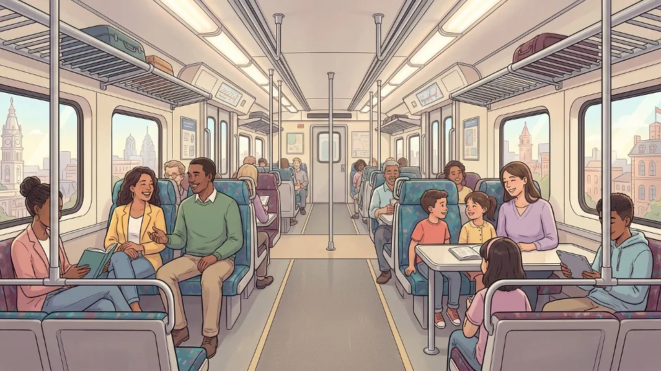 Interior view of regional rail train car with seating and passengers