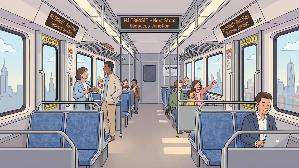 Interior of NJ Transit rail car showing passenger information displays and safety signage