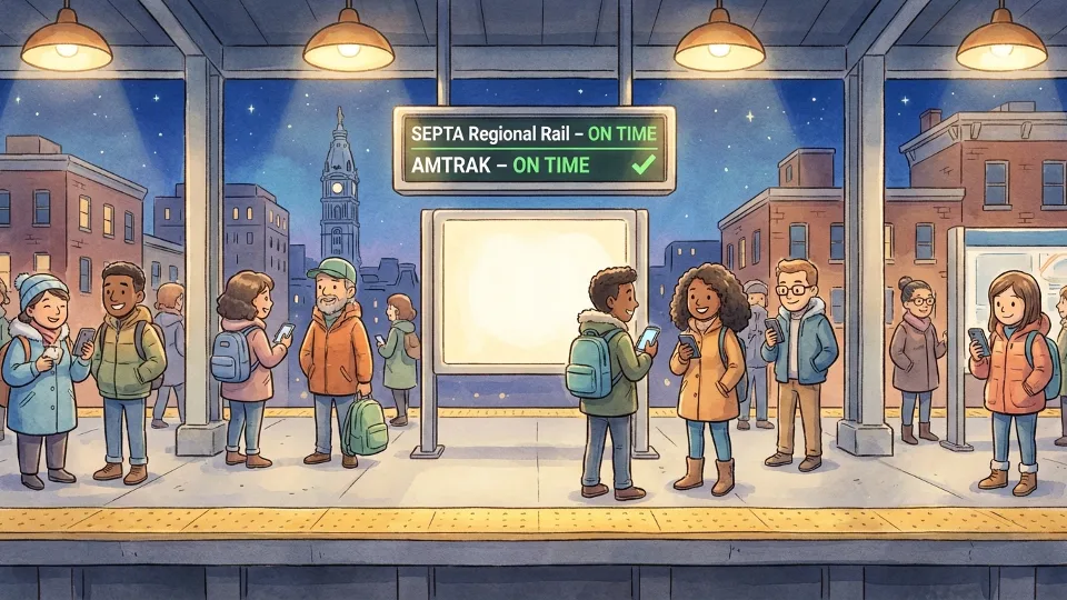 Empty train platform at night with illuminated schedule board showing cancellation