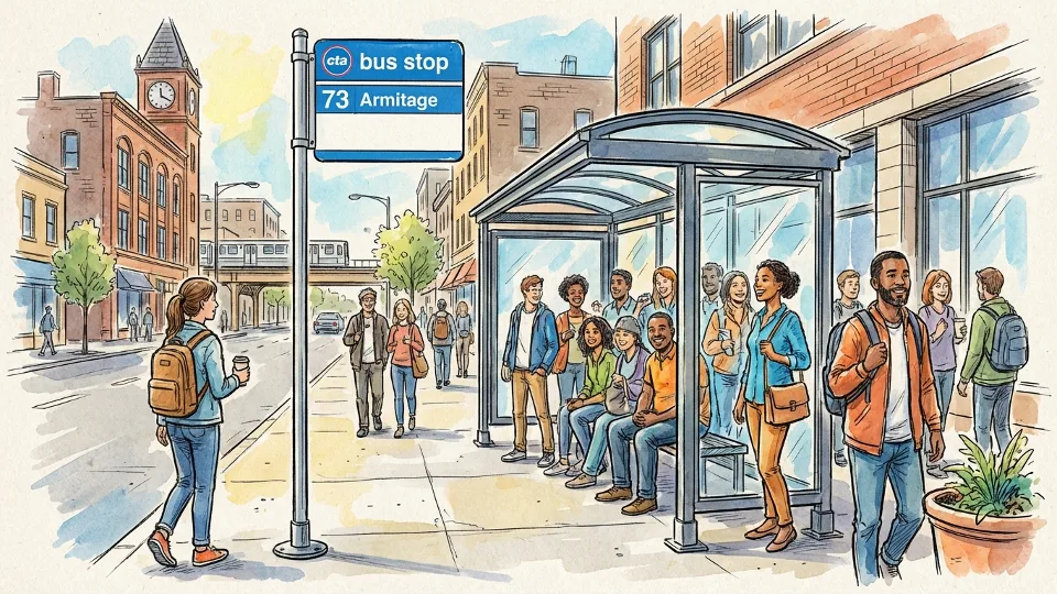 CTA bus stop sign showing route 73 number with passengers waiting at urban transit shelter