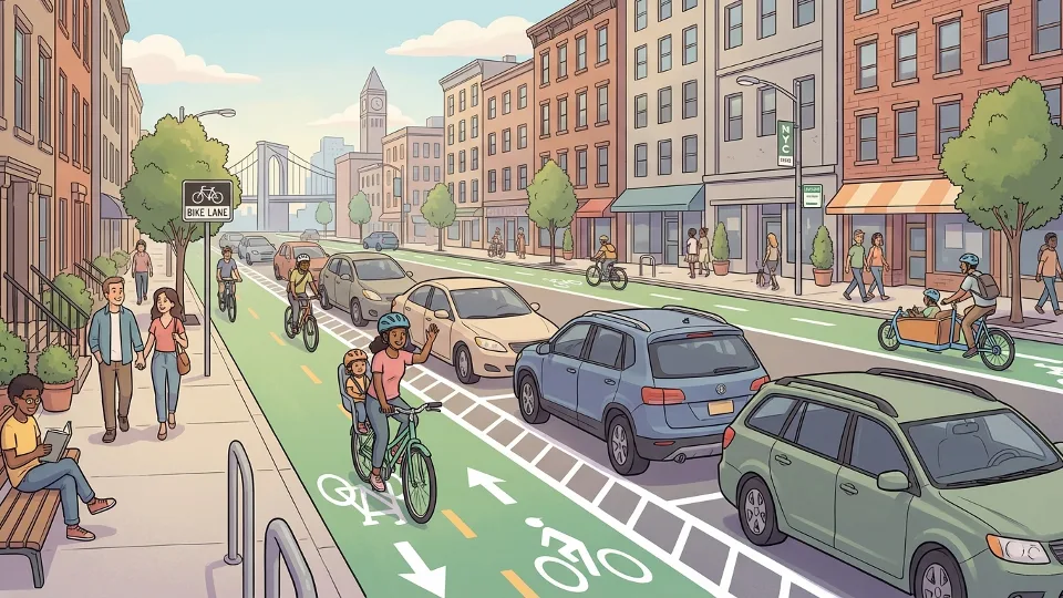 Protected bike lane with parked cars creating buffer between cyclists and traffic on urban street