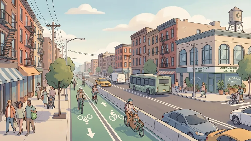 Brooklyn street with bike lane and traffic in Greenpoint neighborhood, showing urban corridor with vehicles and cyclists