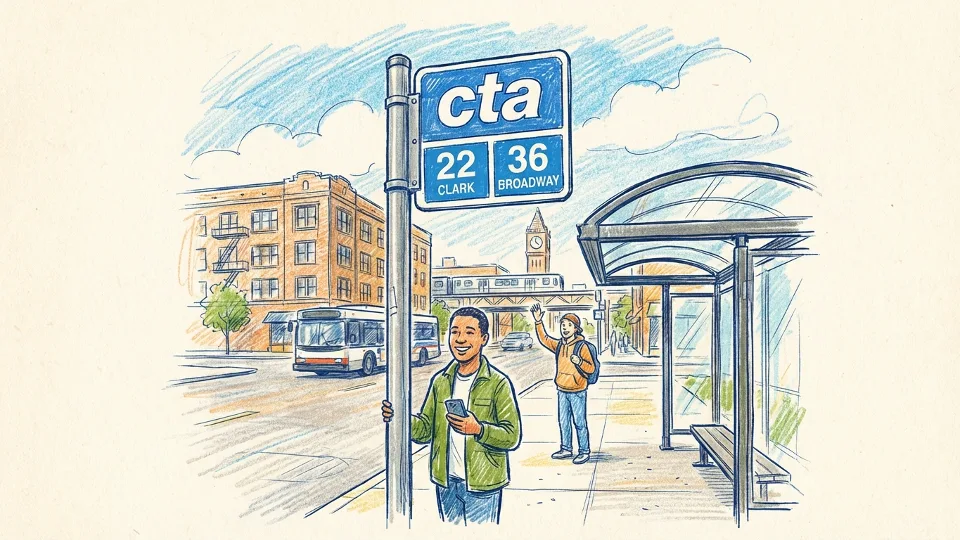 CTA bus stop sign on Chicago street pole with route number display and passenger waiting area visible