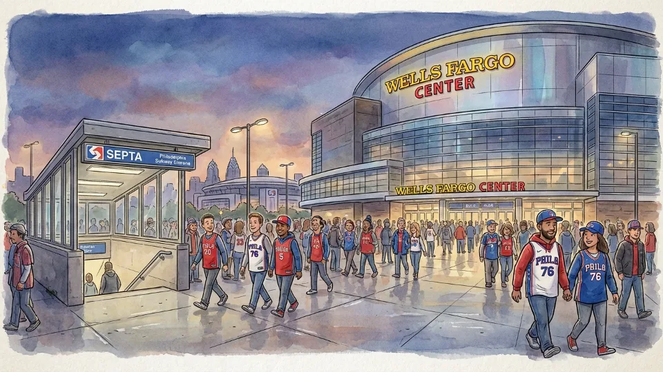 Wells Fargo Center exterior with SEPTA station entrance and basketball fans arriving