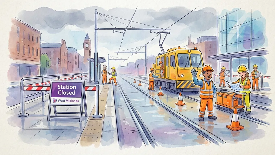 Tram tracks with maintenance work equipment and closed station area